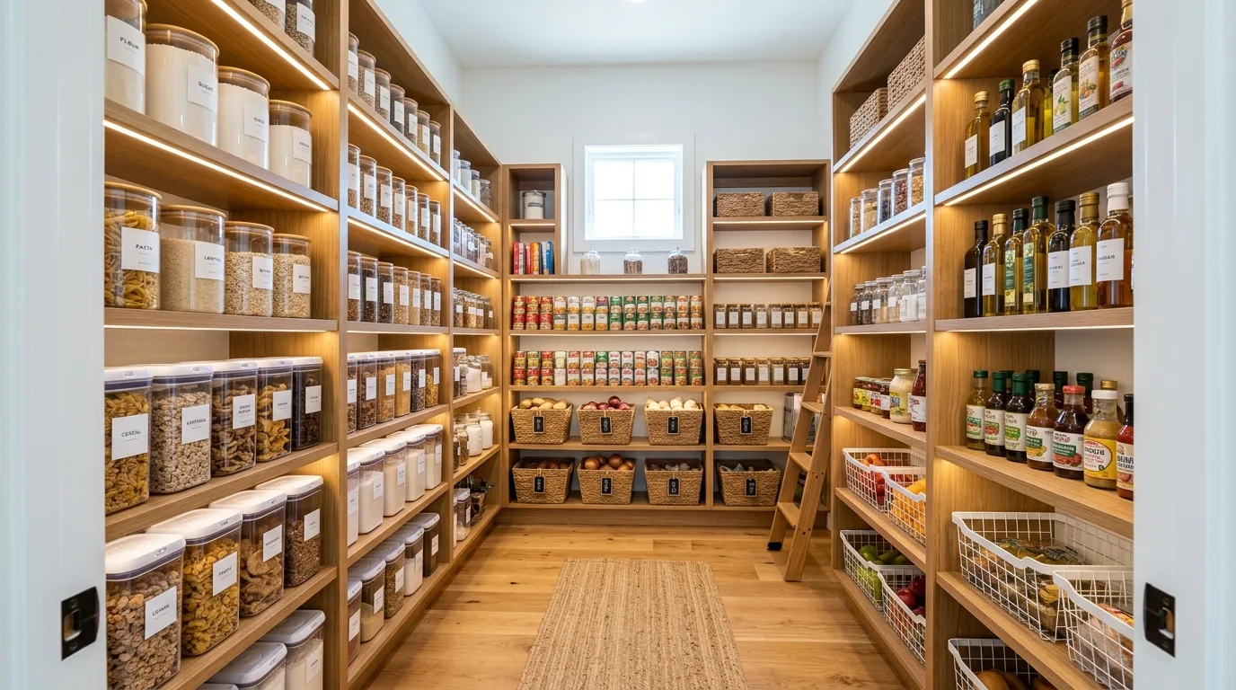 Well-organized pantry with clear categories, containers, and functional storage.